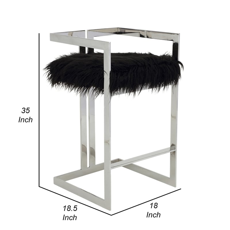 Suki 30 Inch Barstool Chair- Cushioned Black Faux Fur- Silver Cantilever