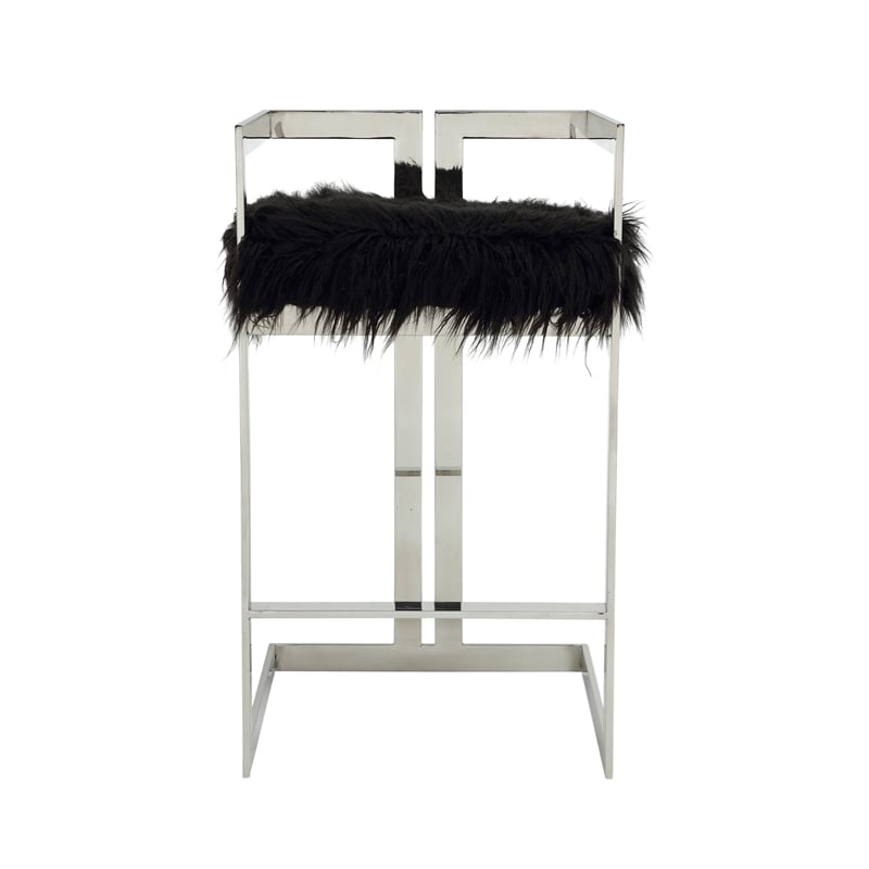 Suki 30 Inch Barstool Chair- Cushioned Black Faux Fur- Silver Cantilever