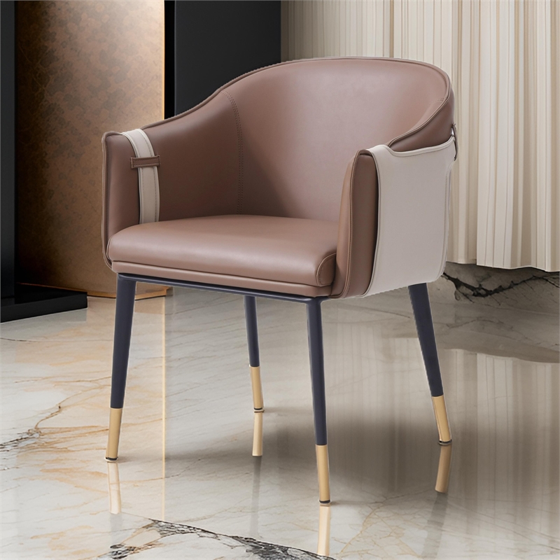 Cid Aldo 22 Inch Dining Chair- Brown Faux Leather- Black Metal- Wood