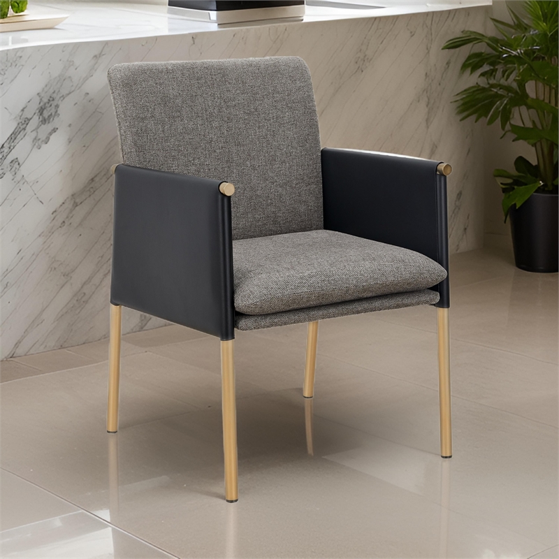Cid Dorie 22 Inch Dining Chair- Dark Gray Faux  Leather- Brass Steel Legs
