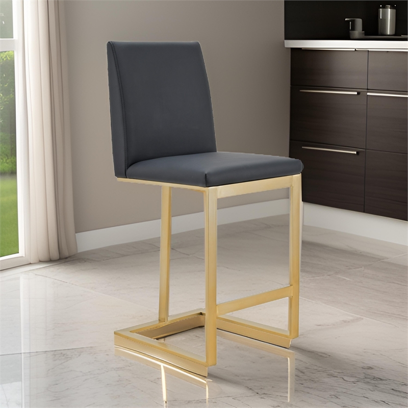 Cid Anki Counter Stool Chair- Dark Gray Faux Leather- Brass Stainless Steel