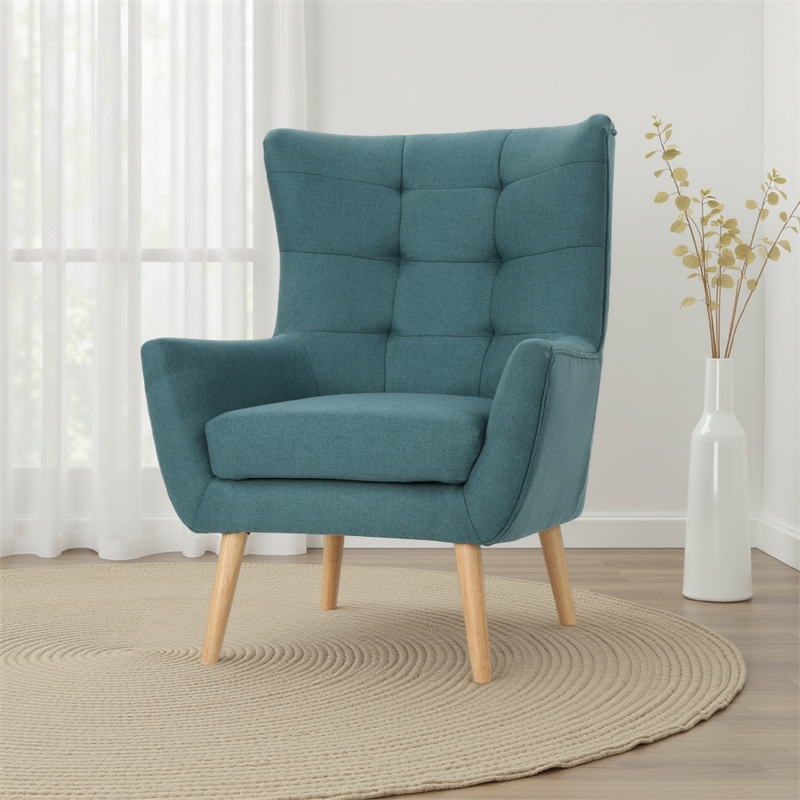Ranie Accent Club Chair- Rubberwood Legs- Teal Button Tufted Polyester