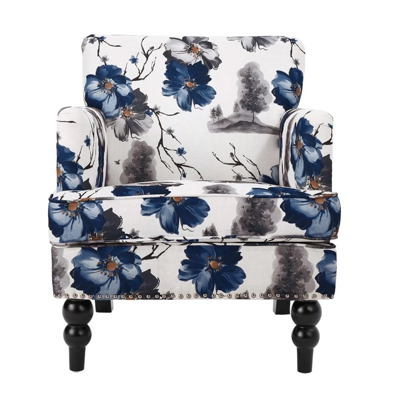 Lit Accent Chair- Button Tufted Floral White Blue Print- Multicolor