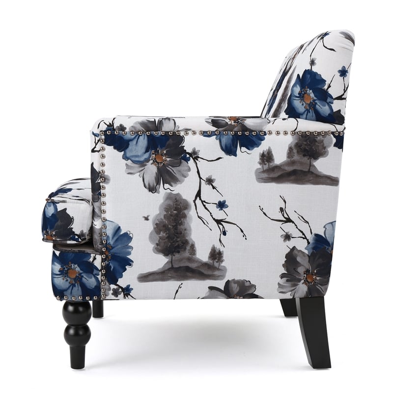 Lit Accent Chair- Button Tufted Floral White Blue Print- Multicolor