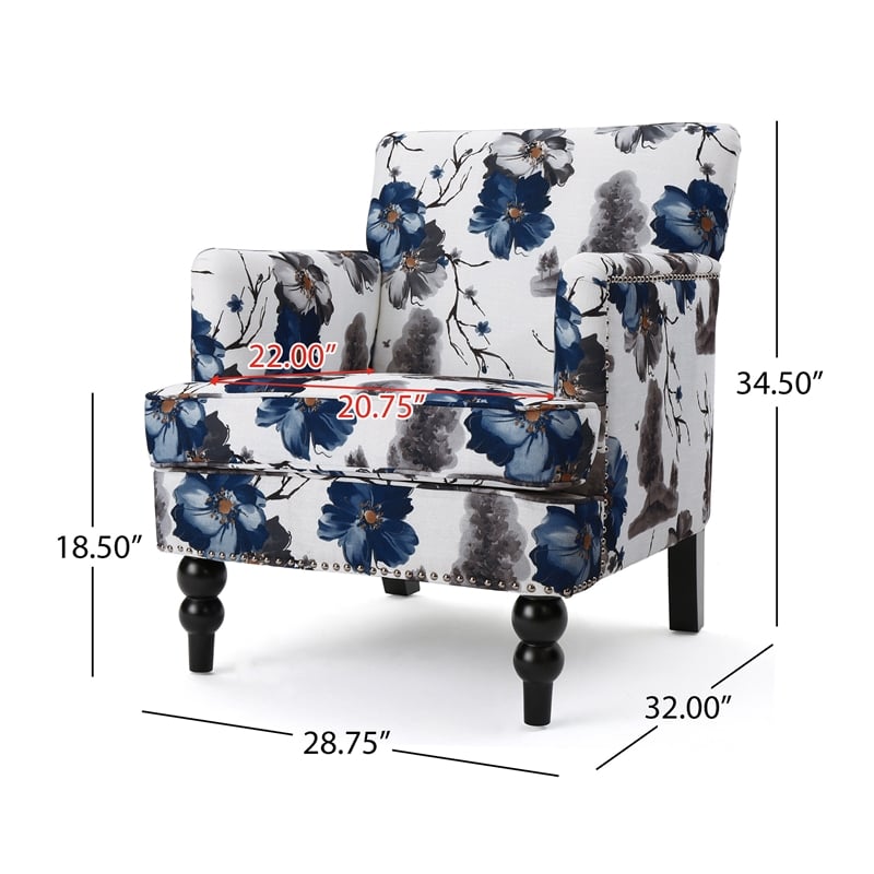 Lit Accent Chair- Button Tufted Floral White Blue Print- Multicolor