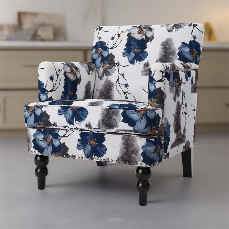 Lit Accent Chair- Button Tufted Floral White Blue Print- Multicolor