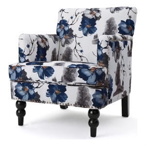 Lit Accent Chair- Button Tufted Floral White Blue Print- Multicolor