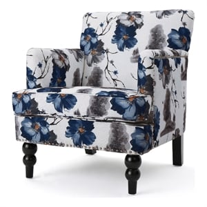 Lit Accent Chair- Button Tufted Floral White Blue Print- Multicolor