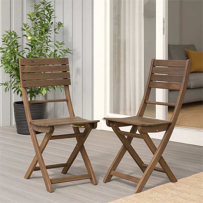 Cami Outdoor Foldable Bistro Chair- Slat Back- Cross Gray Acacia Wood