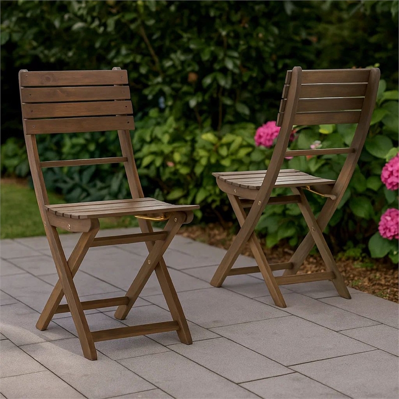 Cami Outdoor Foldable Bistro Chair- Slat Back- Cross Gray Acacia Wood