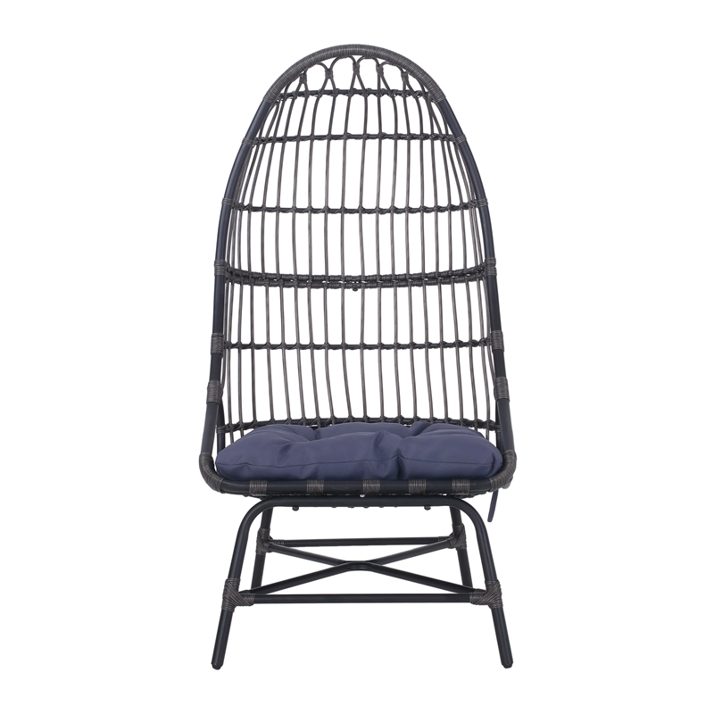 Elena Outdoor Chair- Basket Shape- Gray Fabric- Black PE Rattan- Iron