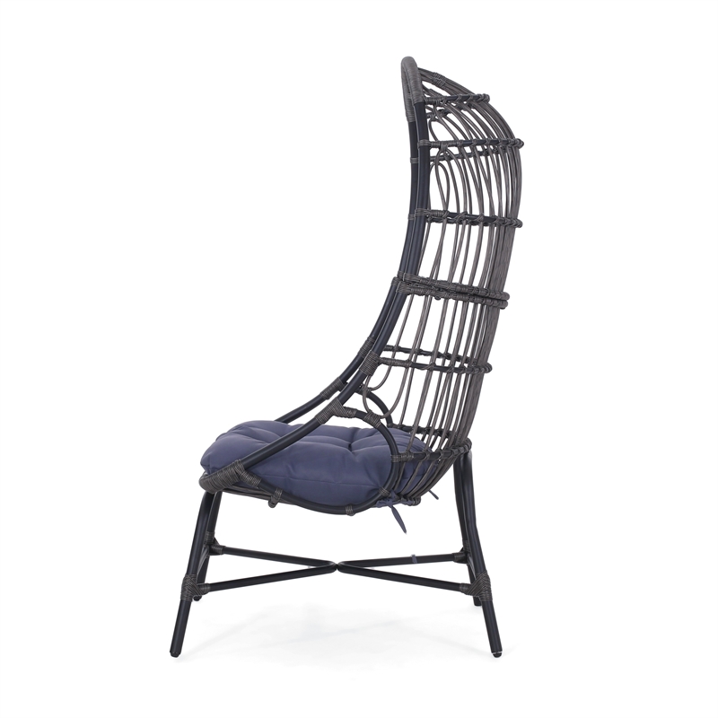 Elena Outdoor Chair- Basket Shape- Gray Fabric- Black PE Rattan- Iron