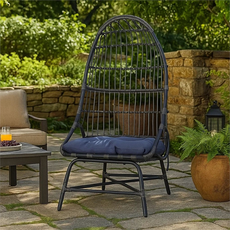 Elena Outdoor Chair- Basket Shape- Gray Fabric- Black PE Rattan- Iron