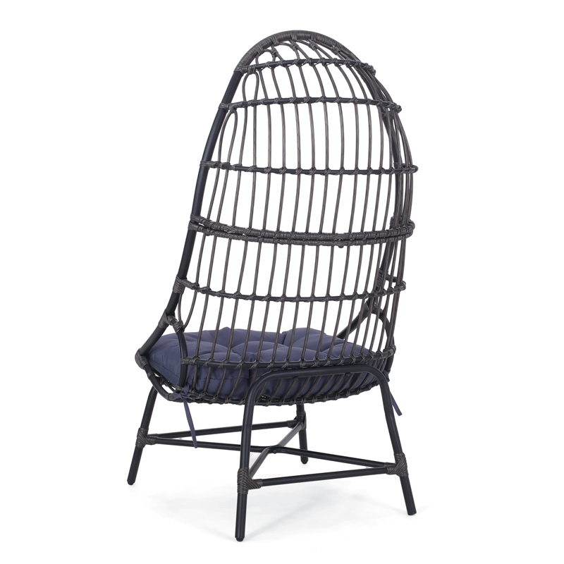 Elena Outdoor Chair- Basket Shape- Gray Fabric- Black PE Rattan- Iron