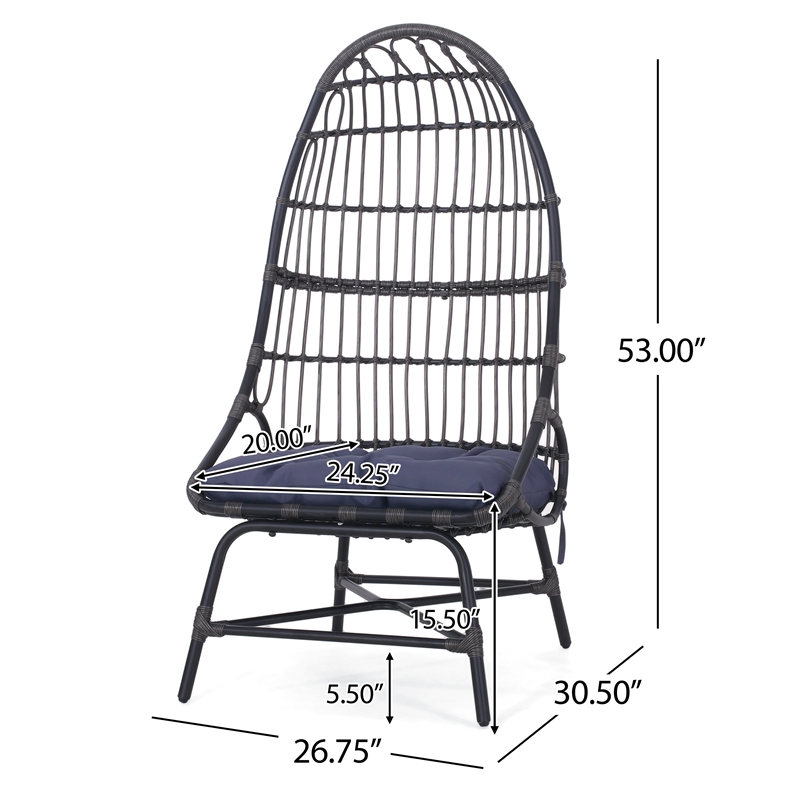Elena Outdoor Chair- Basket Shape- Gray Fabric- Black PE Rattan- Iron