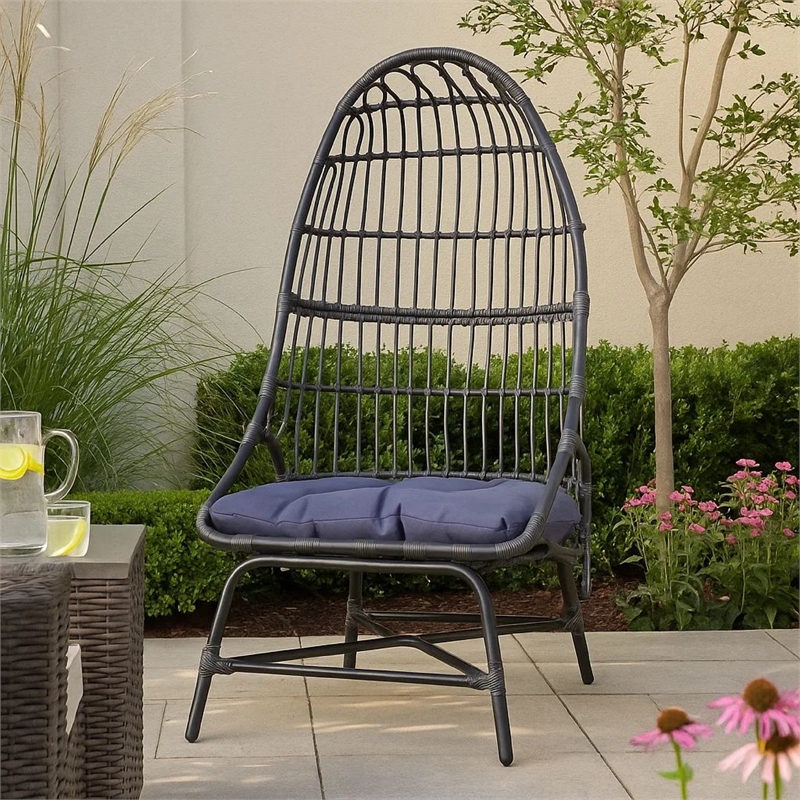 Elena Outdoor Chair- Basket Shape- Gray Fabric- Black PE Rattan- Iron