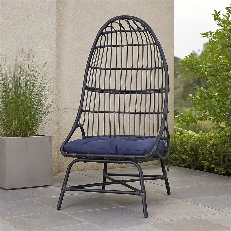Elena Outdoor Chair- Basket Shape- Gray Fabric- Black PE Rattan- Iron