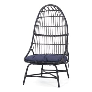 Elena Outdoor Chair- Basket Shape- Gray Fabric- Black PE Rattan- Iron
