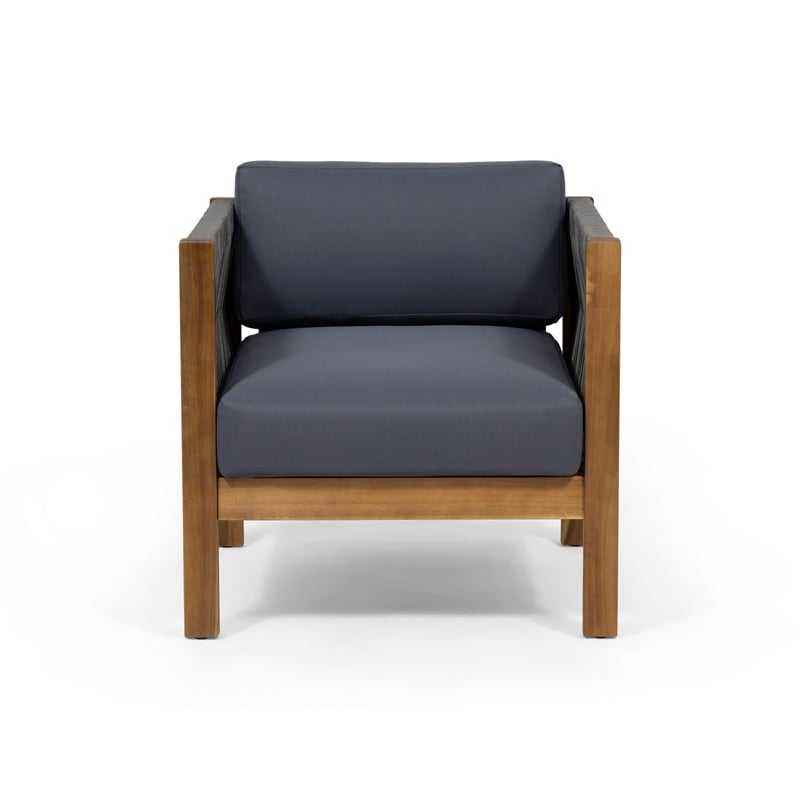 Club Lounge Chair- Woven Rattan Rope- Brown Acacia Wood- Gray Fabric