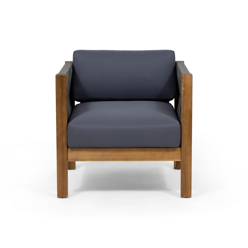 Club Lounge Chair- Woven Rattan Rope- Brown Acacia Wood- Gray Fabric