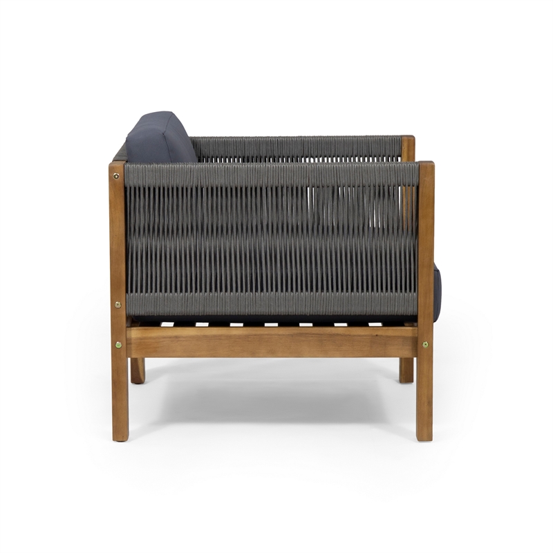 Club Lounge Chair- Woven Rattan Rope- Brown Acacia Wood- Gray Fabric