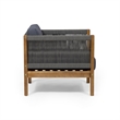 Club Lounge Chair- Woven Rattan Rope- Brown Acacia Wood- Gray Fabric