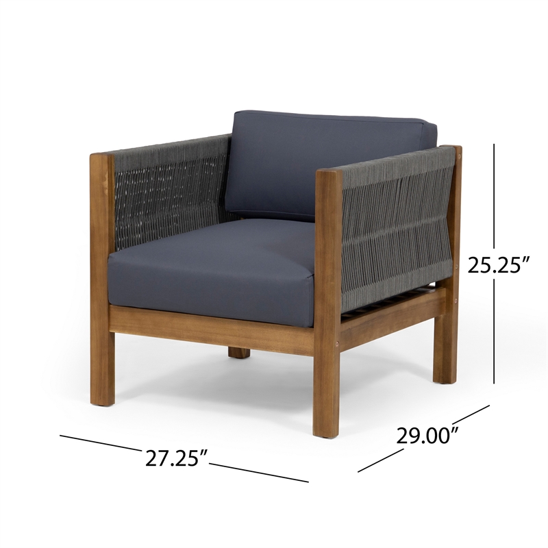 Club Lounge Chair- Woven Rattan Rope- Brown Acacia Wood- Gray Fabric