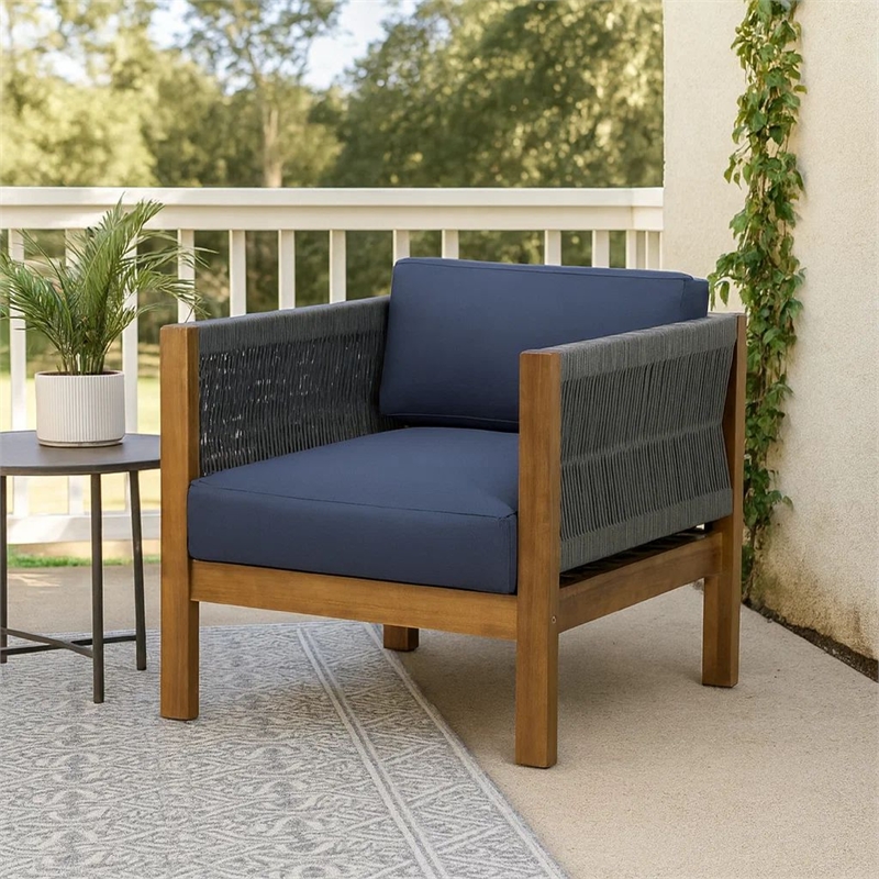 Club Lounge Chair- Woven Rattan Rope- Brown Acacia Wood- Gray Fabric