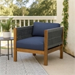 Club Lounge Chair- Woven Rattan Rope- Brown Acacia Wood- Gray Fabric