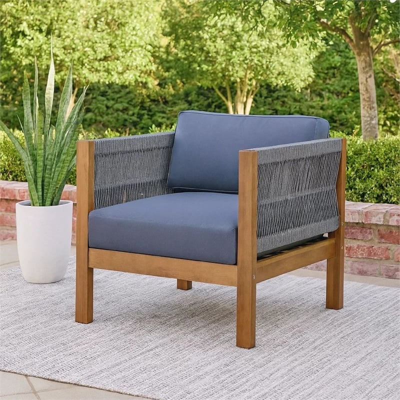 Club Lounge Chair- Woven Rattan Rope- Brown Acacia Wood- Gray Fabric