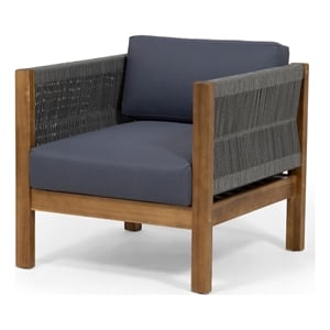 Club Lounge Chair- Woven Rattan Rope- Brown Acacia Wood- Gray Fabric