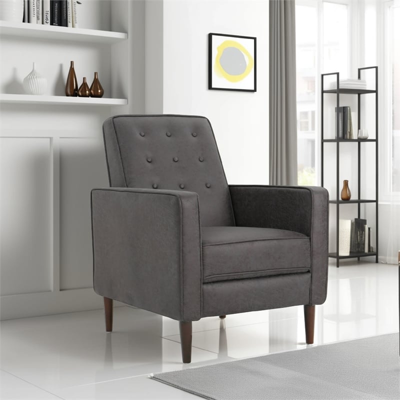 Dupe Manual Recliner Chair- Button Tufted Dark Gray Plush Fabric