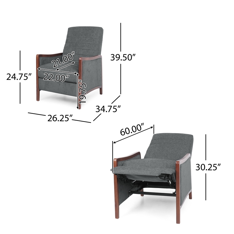 Ryka Push Back Recliner Chair- Birch Wood- Gray Channel Stitching