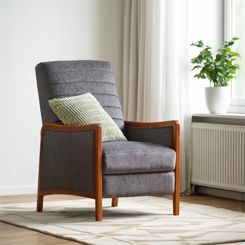 Ryka Push Back Recliner Chair- Birch Wood- Gray Channel Stitching