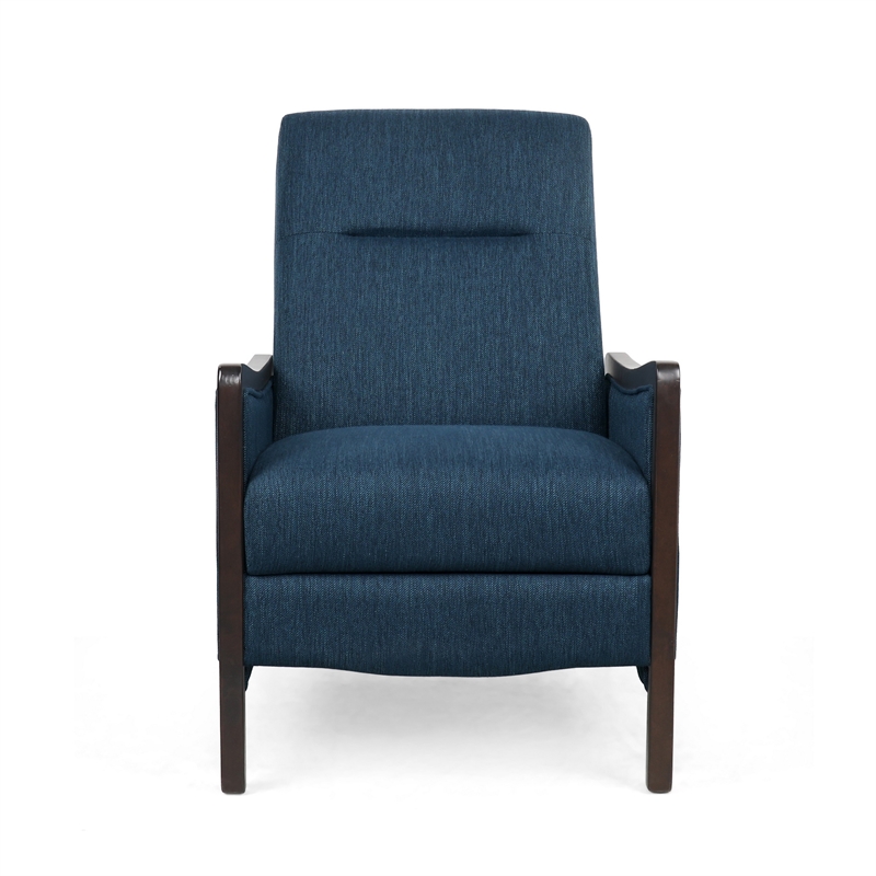 Reina Push Back Recliner Chair- Brown Birch Wood- Navy Blue Fabric