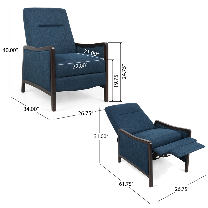 Reina Push Back Recliner Chair- Brown Birch Wood- Navy Blue Fabric
