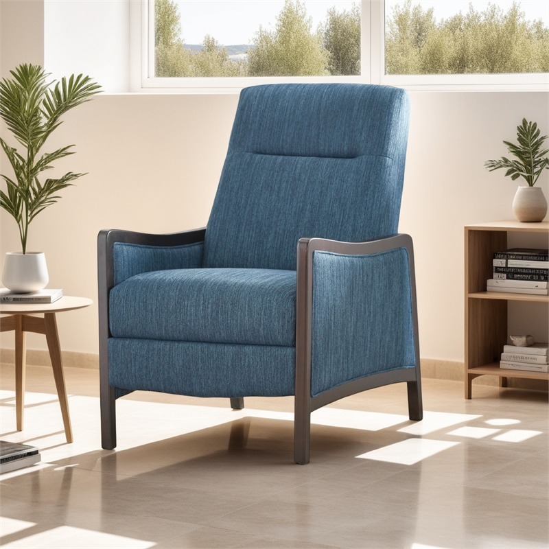 Reina Push Back Recliner Chair- Brown Birch Wood- Navy Blue Fabric