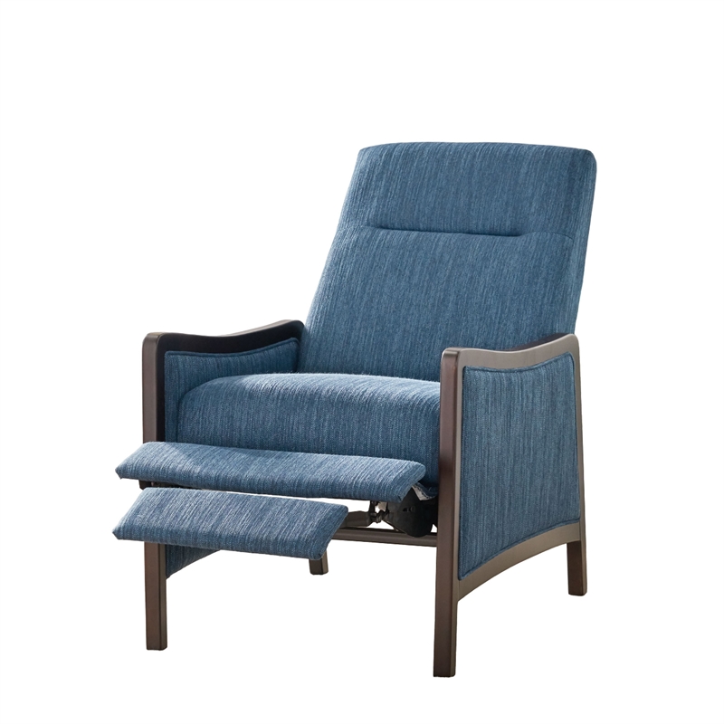Reina Push Back Recliner Chair- Brown Birch Wood- Navy Blue Fabric