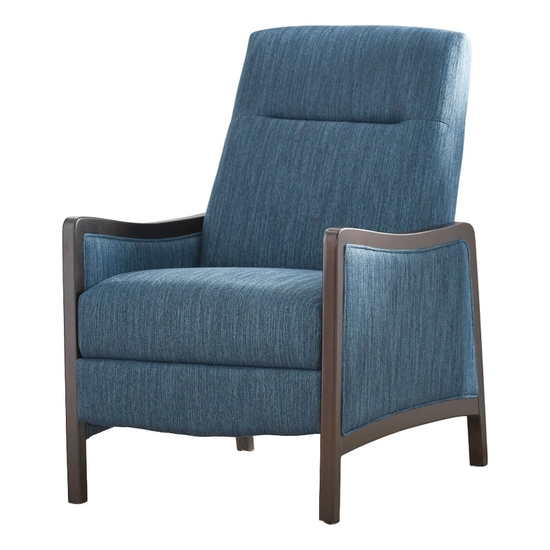 Reina Push Back Recliner Chair- Brown Birch Wood- Navy Blue Fabric