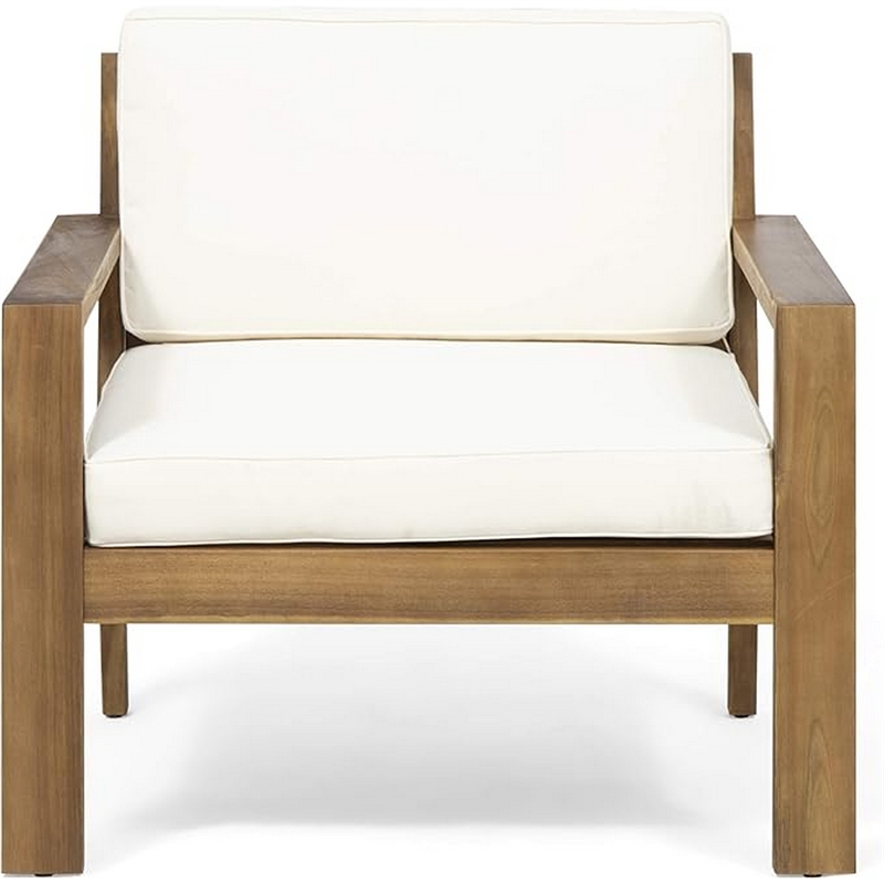 Outdoor Accent Chair- Slat Panel- Wire Brush Acacia Wood- Ivory Fabric