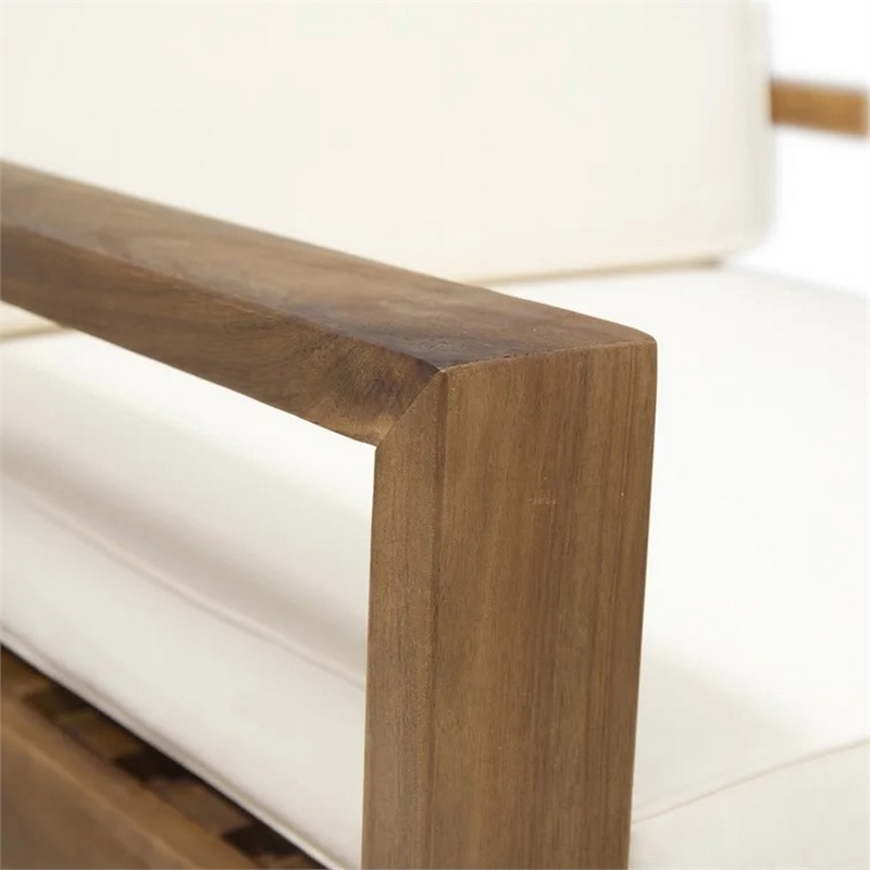 Outdoor Accent Chair- Slat Panel- Wire Brush Acacia Wood- Ivory Fabric
