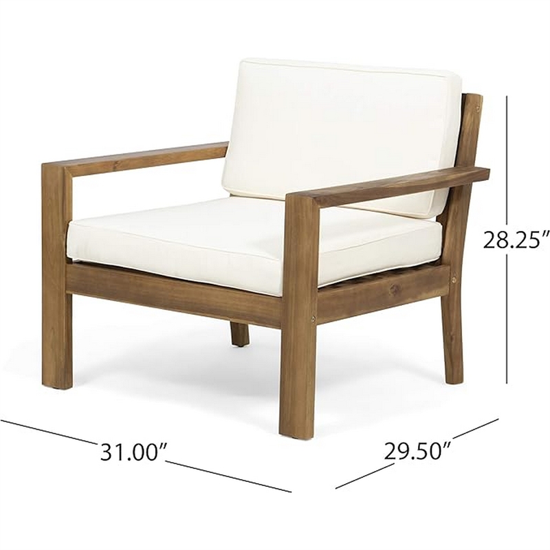 Outdoor Accent Chair- Slat Panel- Wire Brush Acacia Wood- Ivory Fabric