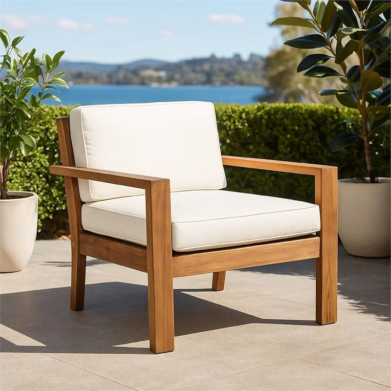 Outdoor Accent Chair- Slat Panel- Wire Brush Acacia Wood- Ivory Fabric