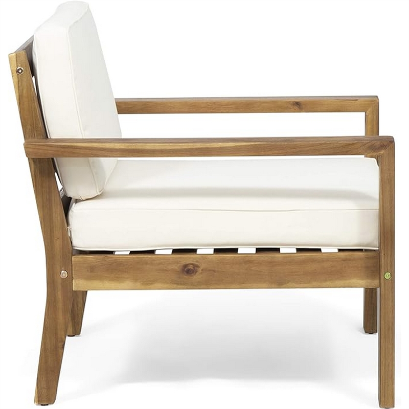 Outdoor Accent Chair- Slat Panel- Wire Brush Acacia Wood- Ivory Fabric
