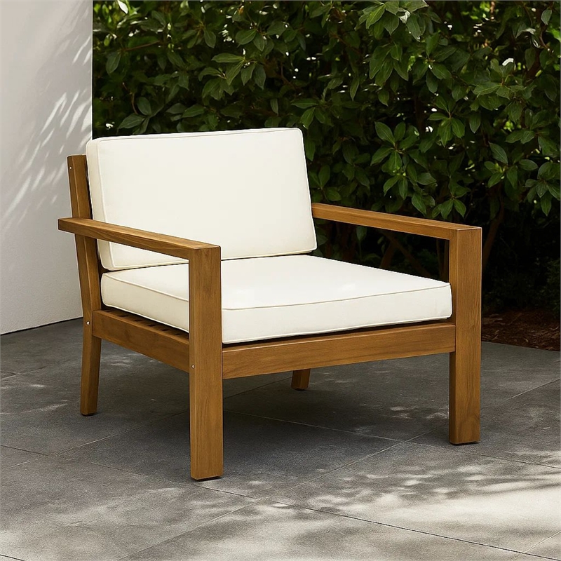 Outdoor Accent Chair- Slat Panel- Wire Brush Acacia Wood- Ivory Fabric