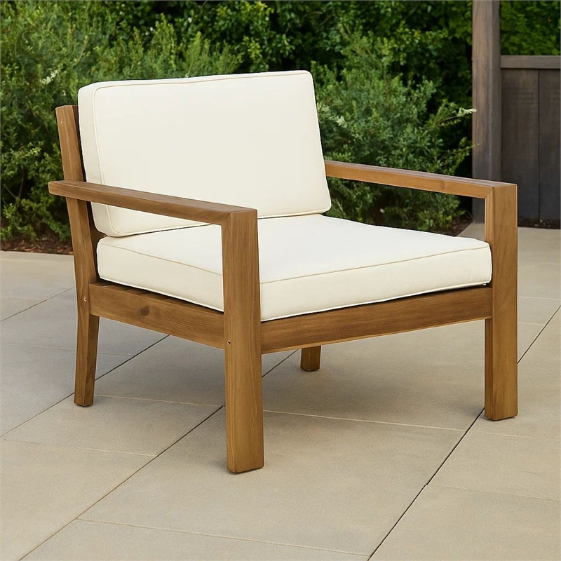 Outdoor Accent Chair- Slat Panel- Wire Brush Acacia Wood- Ivory Fabric