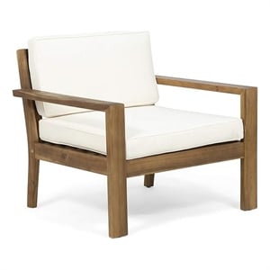Outdoor Accent Chair- Slat Panel- Wire Brush Acacia Wood- Ivory Fabric