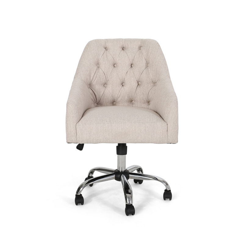 Nysa Swivel Office Chair- Tufted Beige Fabric- Chrome Steel
