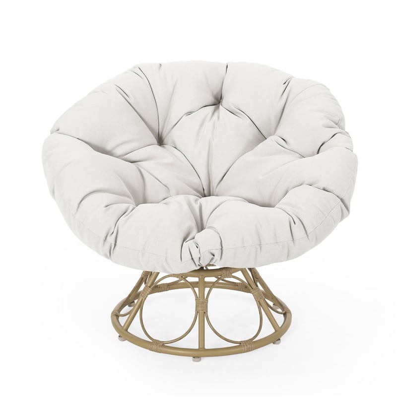 Leos Swivel Outdoor Chair- Soft Gray Polyester Cushion- Brown Rattan