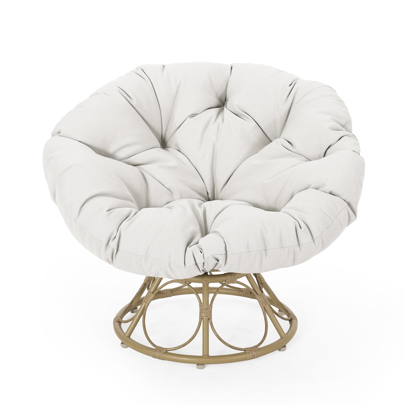 Leos Swivel Outdoor Chair- Soft Gray Polyester Cushion- Brown Rattan
